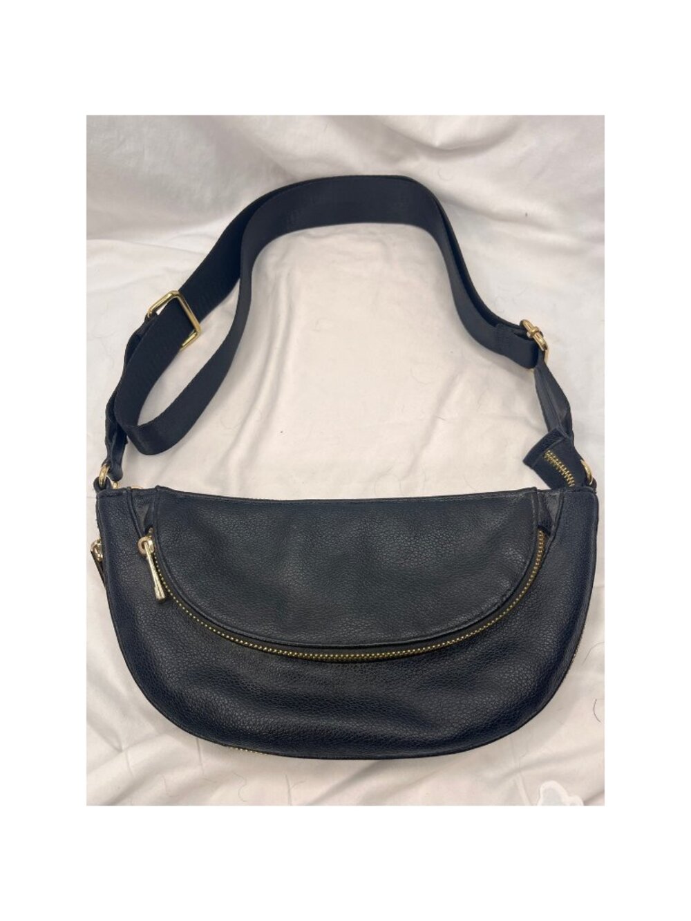 Sondra Roberts Squared Black Crescent Crossbody Bag Expandable Gold Hardware